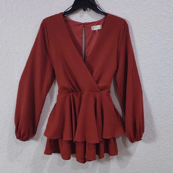 Altar'd State Rust Long Sleeve Peplum Jumpsuit. - Picture 1 of 17